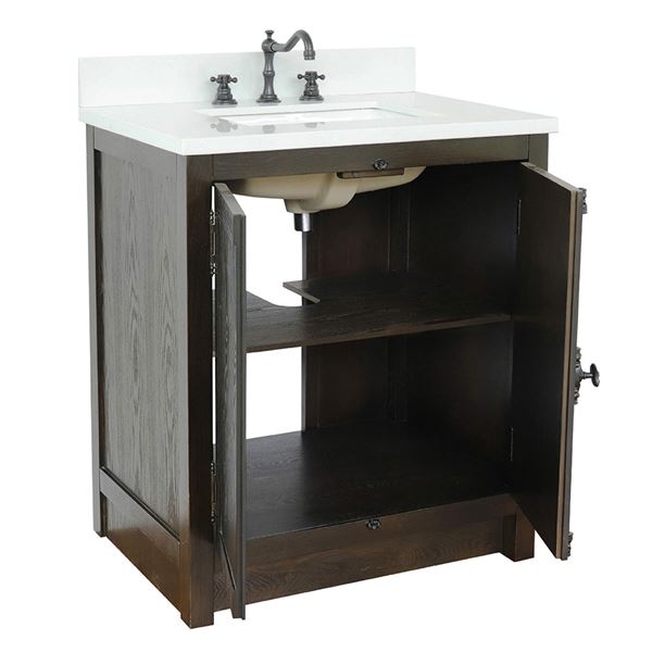 31" Single Vanity in Brown Ash Finish With White Quartz Top and Rectangle Sink