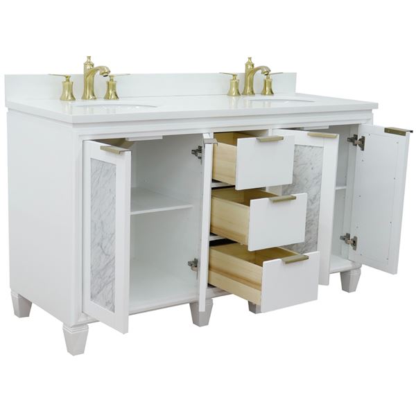 61" Double Sink Vanity in White Finish With White Quartz and Oval Sink