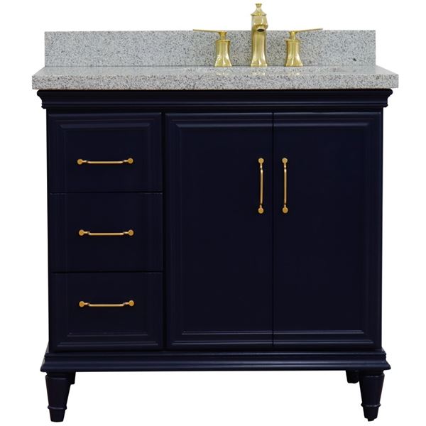 37" Single vanity in Blue finish with Gray granite and rectangle sink- Right door/Right sink