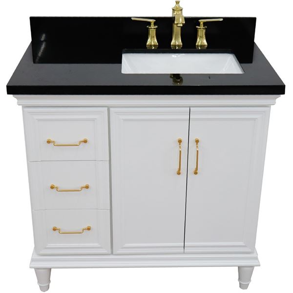 37" Single vanity in White finish with Black galaxy and rectangle sink- Right door/Right sink