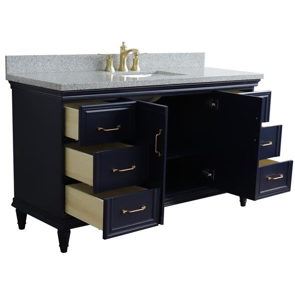 61" Single sink vanity in Blue finish and Gray granite and rectangle sink