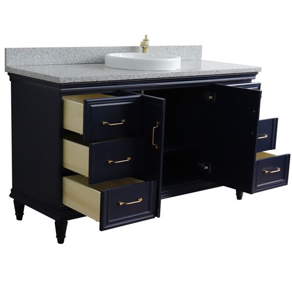 61" Single sink vanity in Blue finish and Gray granite and round sink