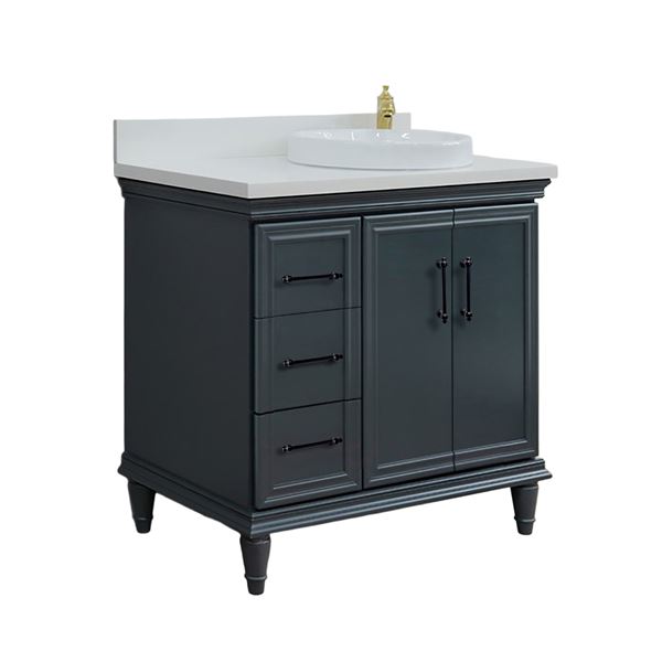 37" Single Vanity in Dark Gray Finish with White Engineered Stone, Round Sink- Right Door/Right Sink