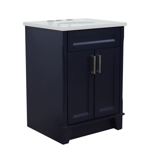 25" Single Sink Vanity in Blue Finish With White Quartz and Oval Sink