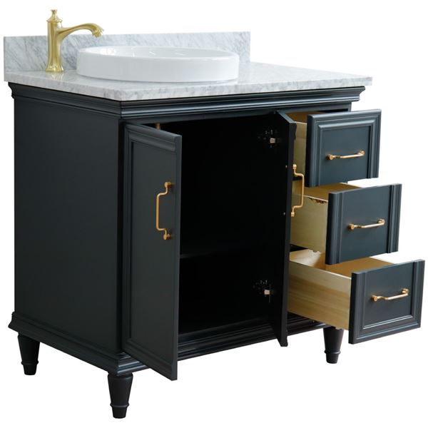 37" Single vanity in Dark Gray finish with White Carrara and round sink- Left door/Left sink