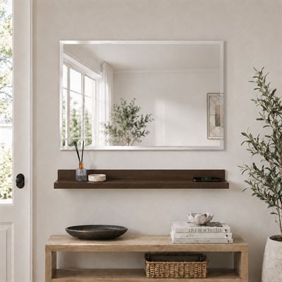 30" Rustic Wood Wireless Charging Shelf and Frameless Mirror Set