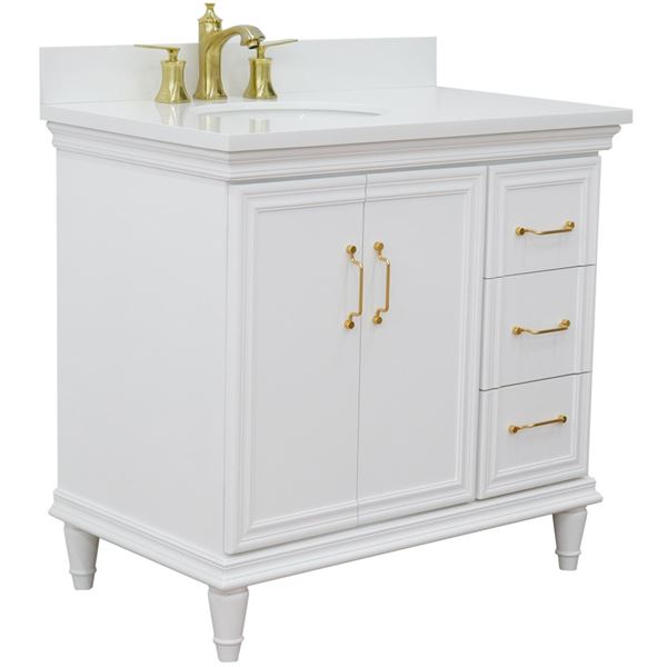 37" Single vanity in White finish with White quartz and oval sink- Left door/Left sink