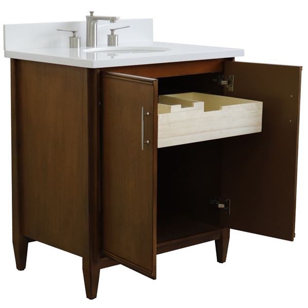 31" Single Sink Vanity in Walnut Finish With White Quartz With Oval Sink