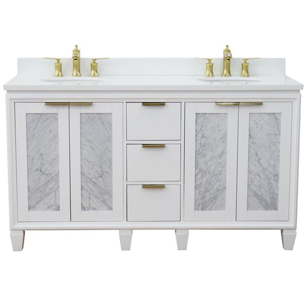 61" Double Sink Vanity in White Finish With White Quartz and Oval Sink
