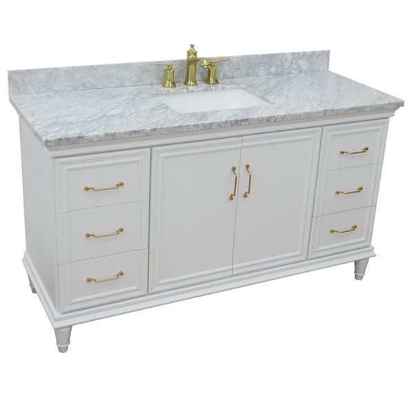 61" Single vanity in White finish with White Carrara and rectangle sink