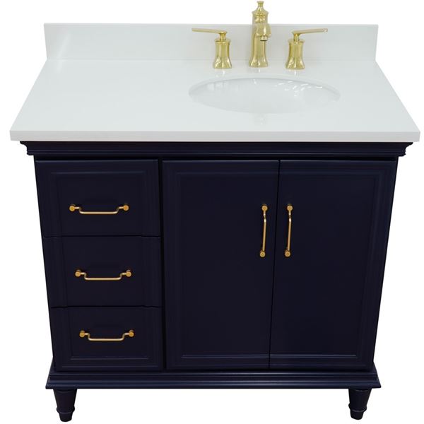 37" Single vanity in Blue finish with White quartz and oval sink- Right door/Right sink