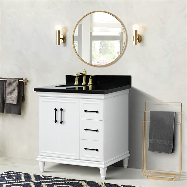 37″ Single Vanity in White Finish with Black Galaxy and Oval Sink- Left Door/Left Sink