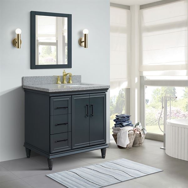37″ Single Vanity in Dark Gray Finish with Gray Granite and Rectangle Sink- Right Door/Right Sink