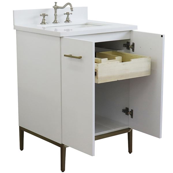 25" Single Sink Vanity in White Finish With White Quartz and Rectangle Sink