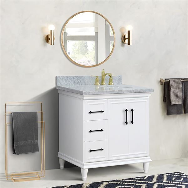 37″ Single Vanity in White Finish with White Carrara and Oval Sink- Right Door/Right Sink