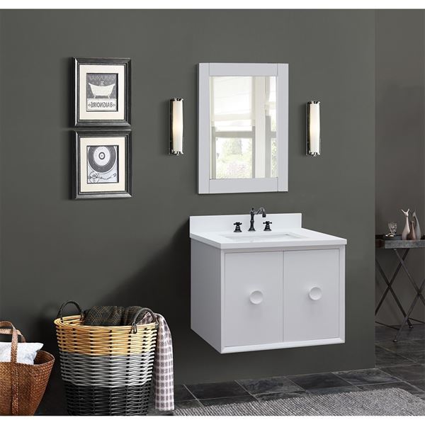 31″ Single Wall Mount Vanity in White Finish with White Quartz Top and Rectangle Sink
