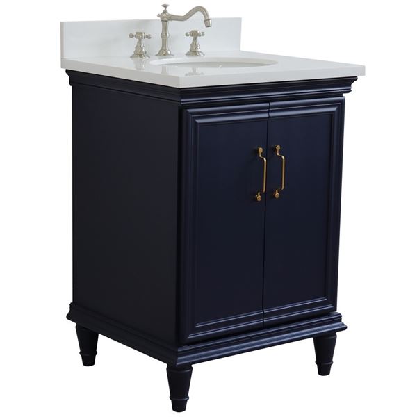 25" Single vanity in Blue finish with White quartz and oval sik