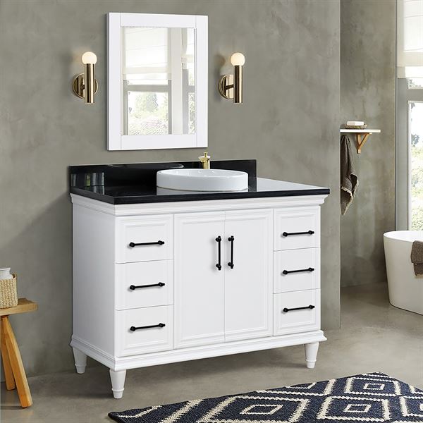 49" Single Sink Vanity in White Finish with Black Galaxy Granite and Round Sink