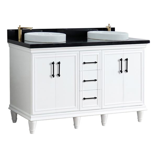61" Double Sink Vanity in White Finish and Black Galaxy Granite and Round Sinks