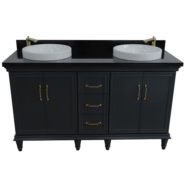 61" Double sink vanity in Dark Gray finish and Black galaxy granite and round sink