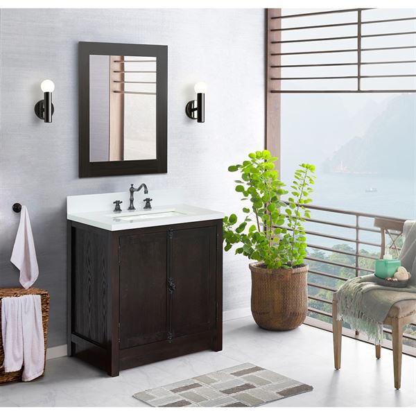 31" Single Vanity in Brown Ash Finish With White Quartz Top and Rectangle Sink