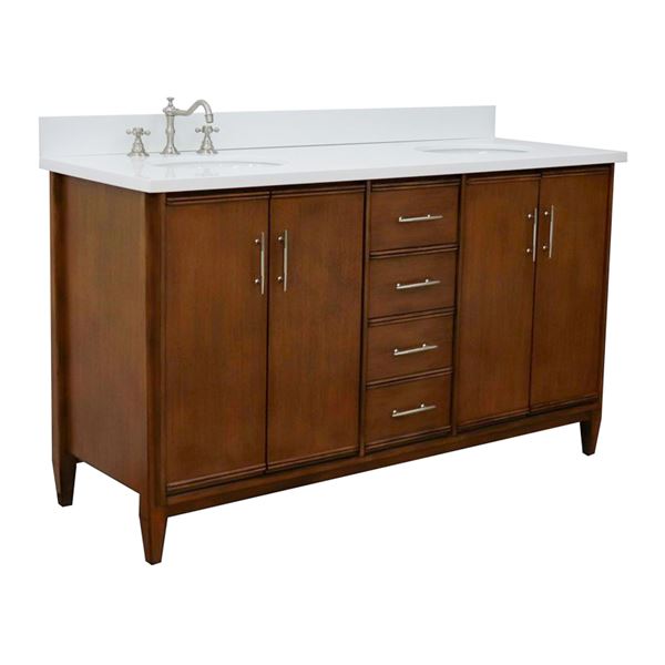 61" Double Sink Vanity in Walnut Finish With White Quartz and Oval Sink