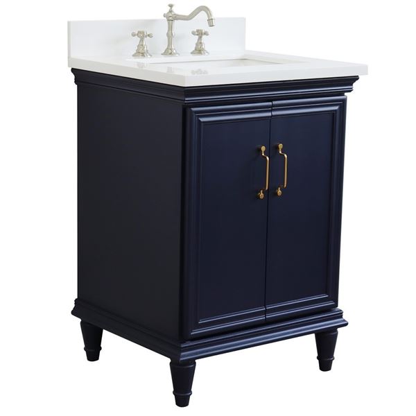 25" Single vanity in Blue finish with White quartz and rectangle sink