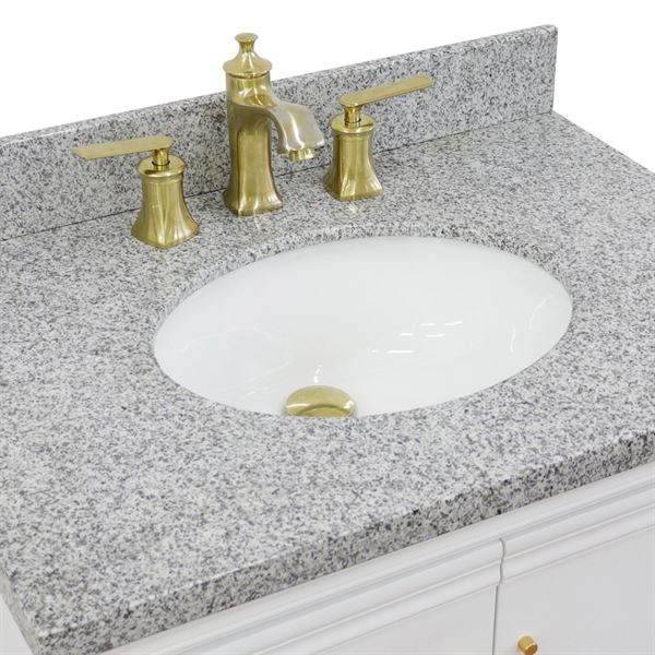 31" Single vanity in White finish with Gray granite and oval sink