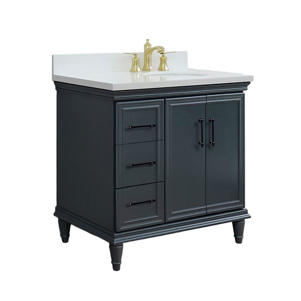 37" Single Vanity in Dark Gray Finish with White Engineered Stone, Oval Sink- Right Door/Right Sink
