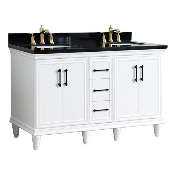 61" Double Sink Vanity in White Finish and Black Galaxy Granite and Rectangle Sinks