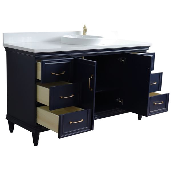61" Single sink vanity in Blue finish and White quartz and round sink