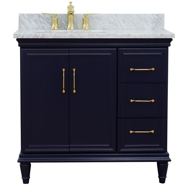 37" Single vanity in Blue finish with White Carrara and rectangle sink- Left door/Left sink