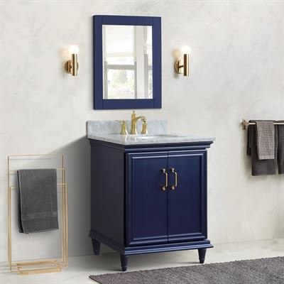 31" Single vanity in Blue finish with White Carrara and rectangle sink