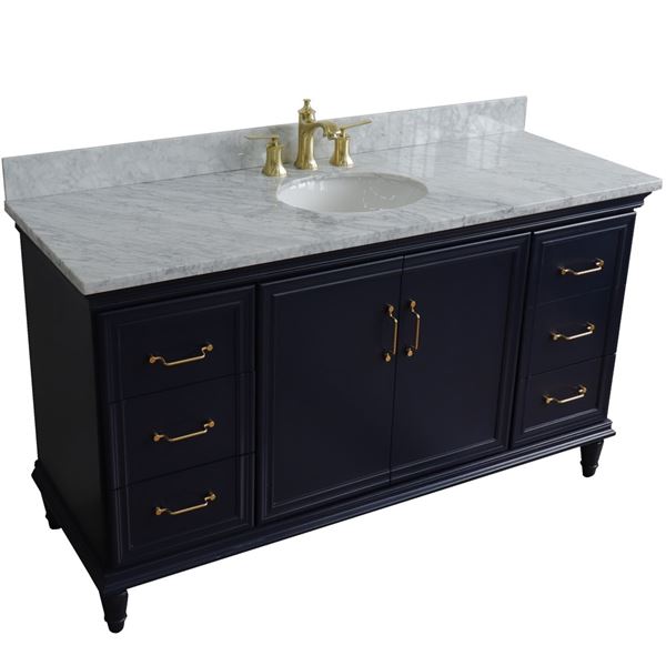 61" Single sink vanity in Blue finish and White carrara marble and oval sink