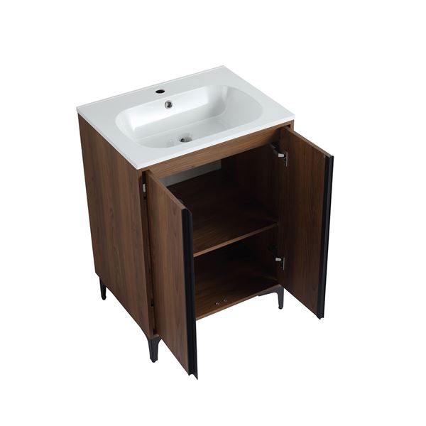 24 in. Single Vanity in Brown Walnut finish with Solid Surface Resin White Sink