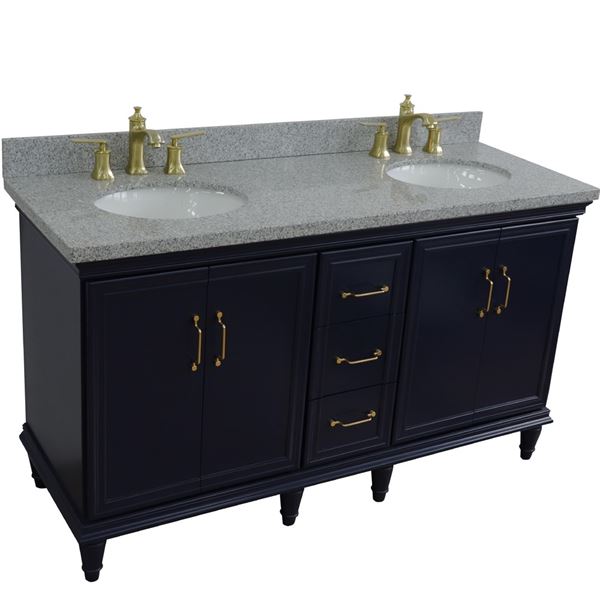 61" Double sink vanity in Blue finish and Gray granite and oval sink
