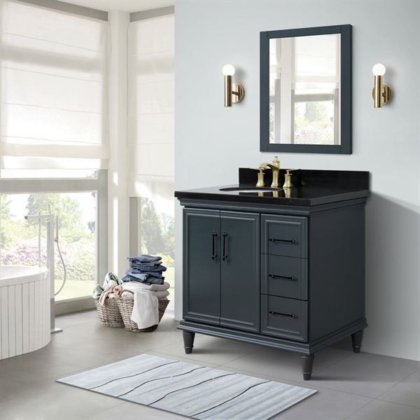 37″ Single Vanity in Dark Gray Finish with Black Galaxy and Oval Sink- Left Door/Left Sink