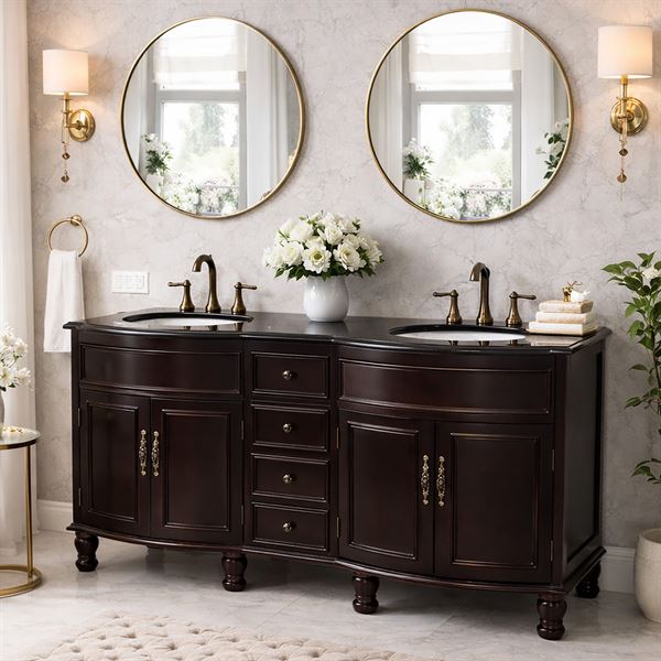 Heritage 62 in Double Sink Vanity in Dark Mahogany with Black Galaxy Granite Top