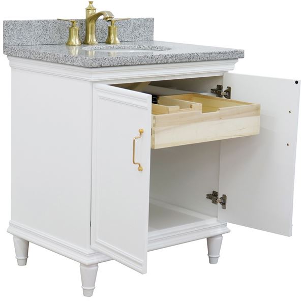 31" Single vanity in White finish with Gray granite and oval sink