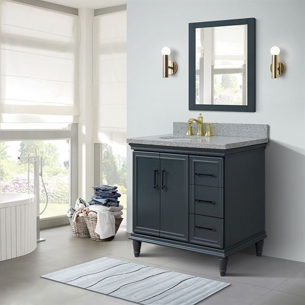 37″ Single Vanity in Dark Gray Finish with Gray Granite and Oval Sink- Left Door/Left Sink