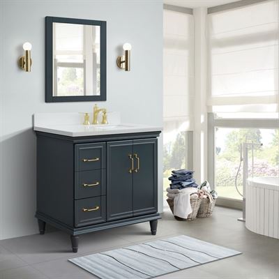 37" Single vanity in Dark Gray finish with White quartz and rectangle sink- Right door/Right sink
