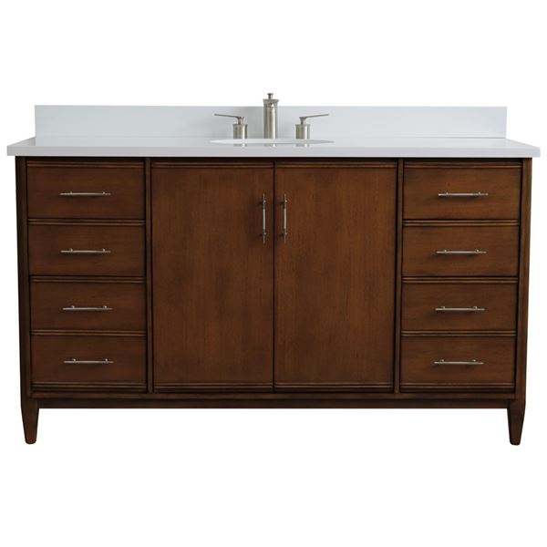 61" Single Sink Vanity in Walnut Finish With White Quartz and Oval Sink