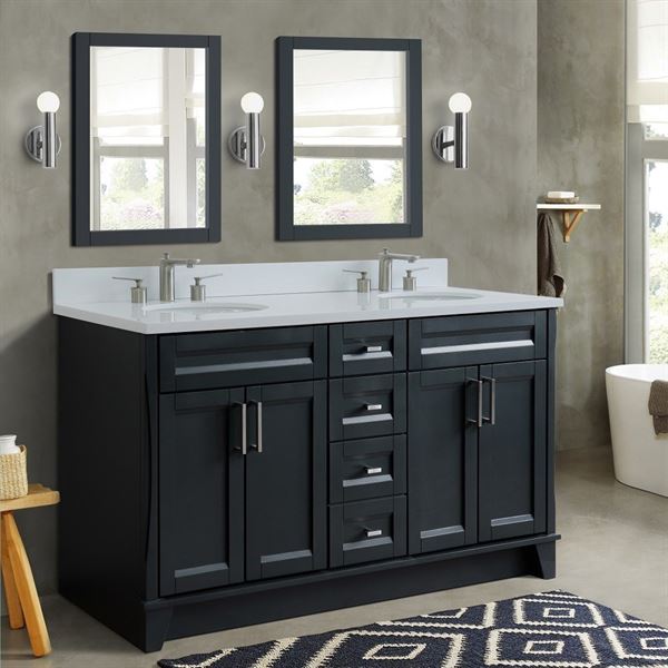 61″ Double Sink Vanity in Dark Gray Finish and White Quartz and Oval Sink
