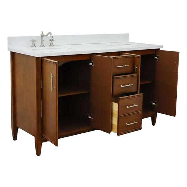 61" Double Sink Vanity in Walnut Finish With White Quartz and Rectangle Sink