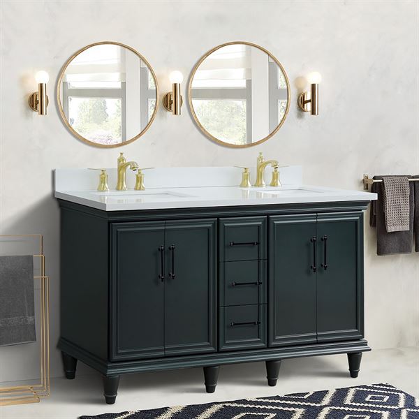 61″ Double Sink Vanity in Dark Gray Finish and White Engineered Stone and Rectangle Sink