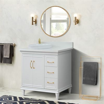 37" Single vanity in White finish with White quartz and round sink- Left door/Left sink