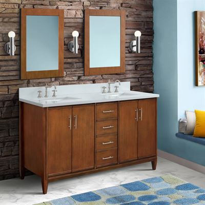61" Double Sink Vanity in Walnut Finish With White Quartz and Rectangle Sink