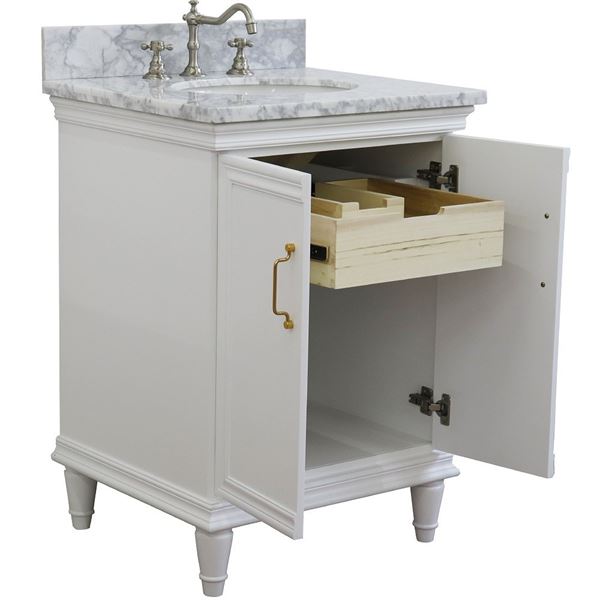 25" Single vanity in White finish with White Carrara and oval sink