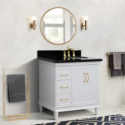 37" Single vanity in White finish with Black galaxy and oval sink- Right door/Right sink