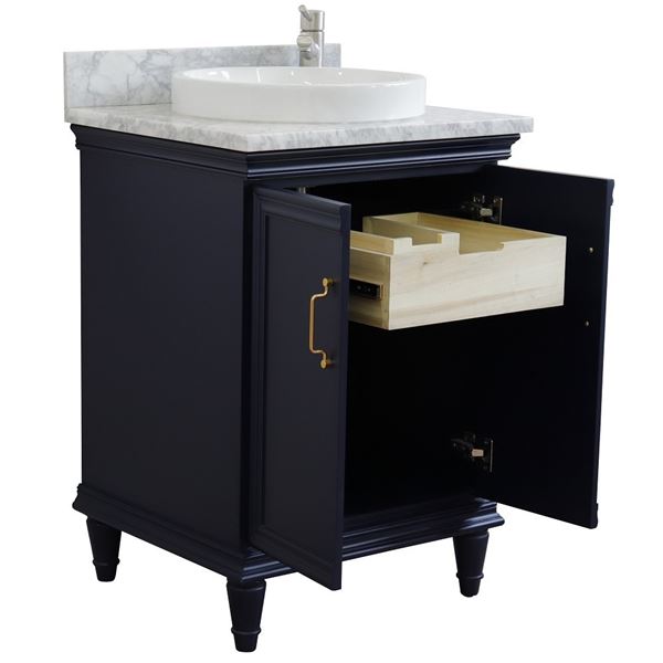 25" Single vanity in Blue finish with White Carrara and round sink